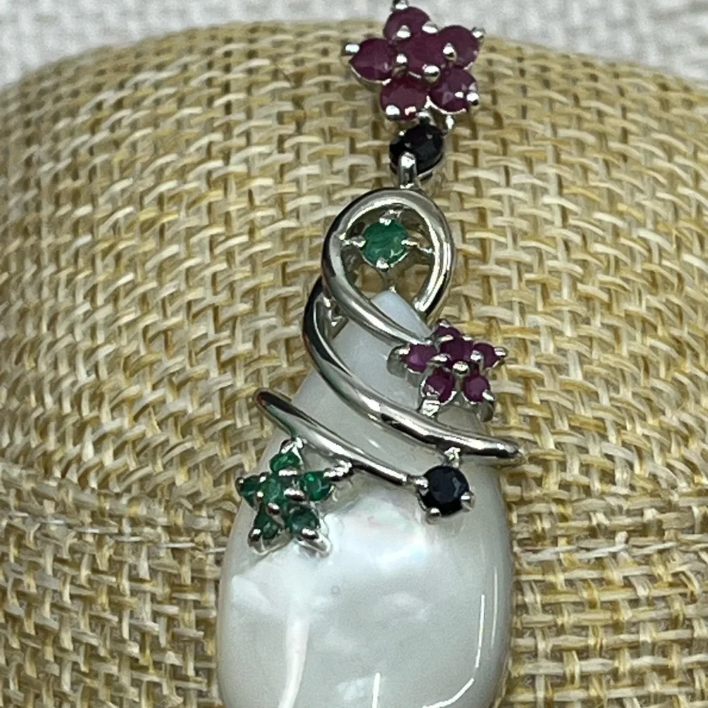 Vintage Sterling Silver Mother of Pearl & Gemstone Pendant